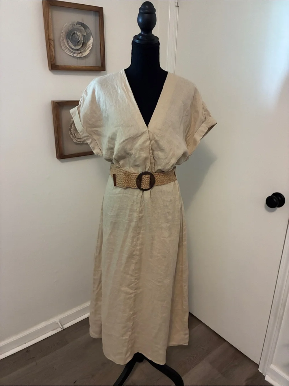 MNG Beige Linen Dress with Woven Belt